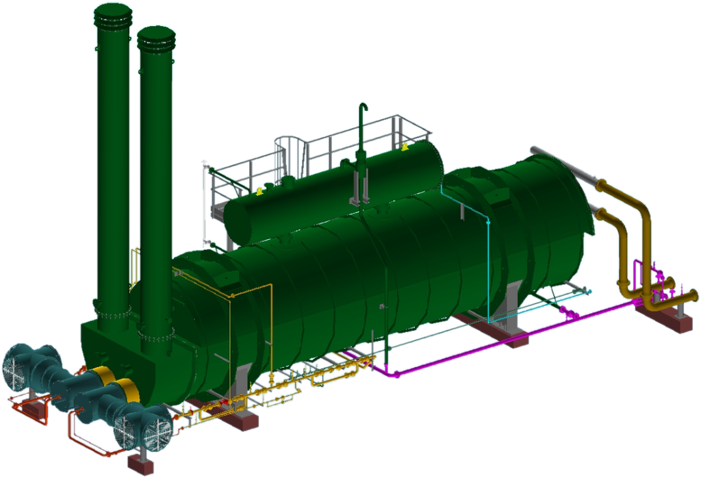 Indirect fired heater 3D render with twin stacks, fuel trains and access platform