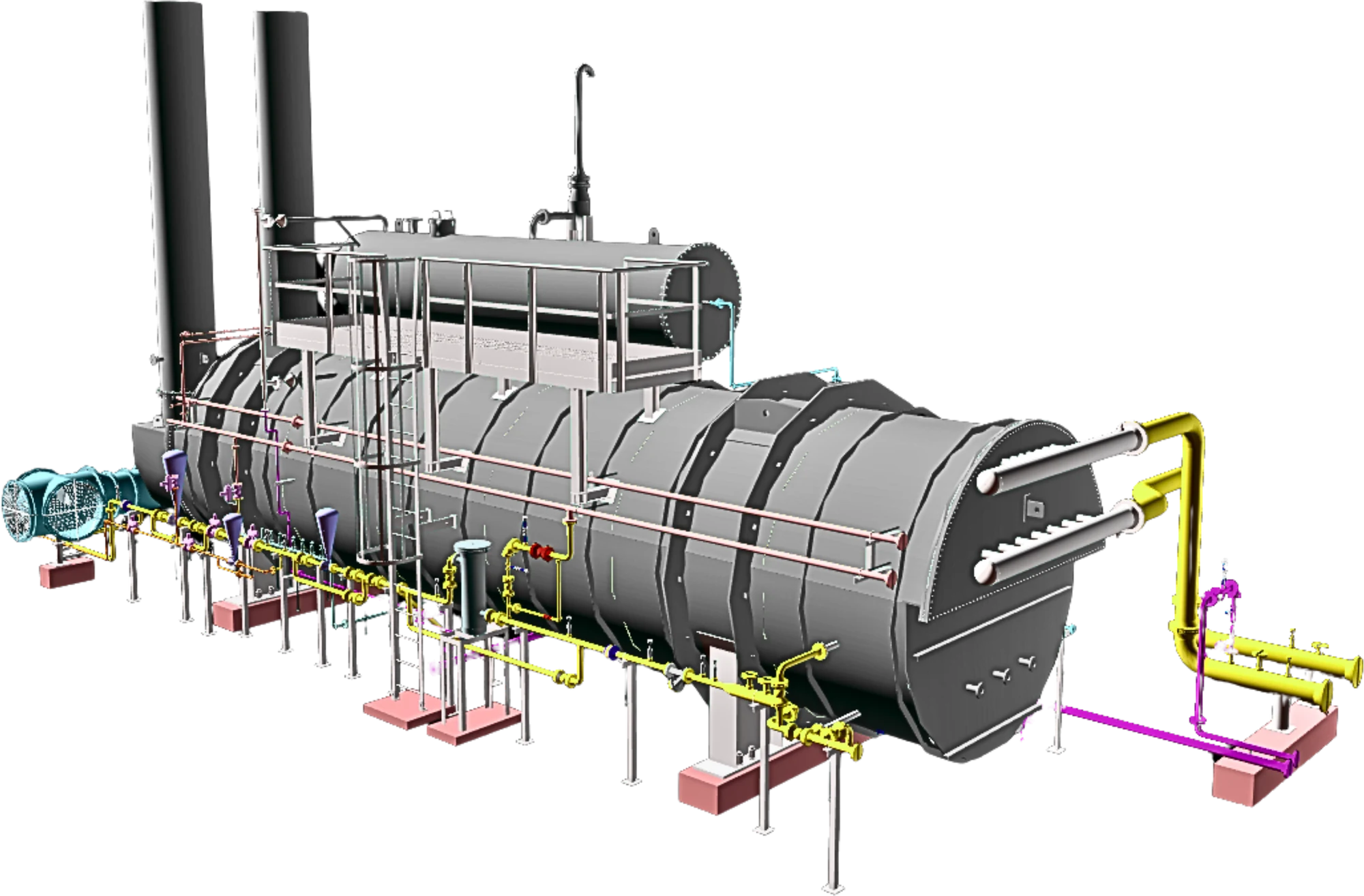 Indirect fired heater 3D render with twin stacks, fuel trains and access platform