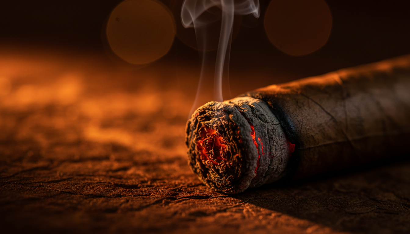 A single glowing ember on a premium cigar, warm amber light illuminating curling smoke wisps against deep shadow