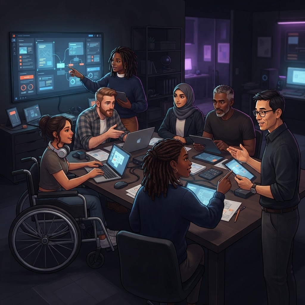 A diverse collaborative team designing and reviewing digital technology together in a dark, neon-lit creative studio