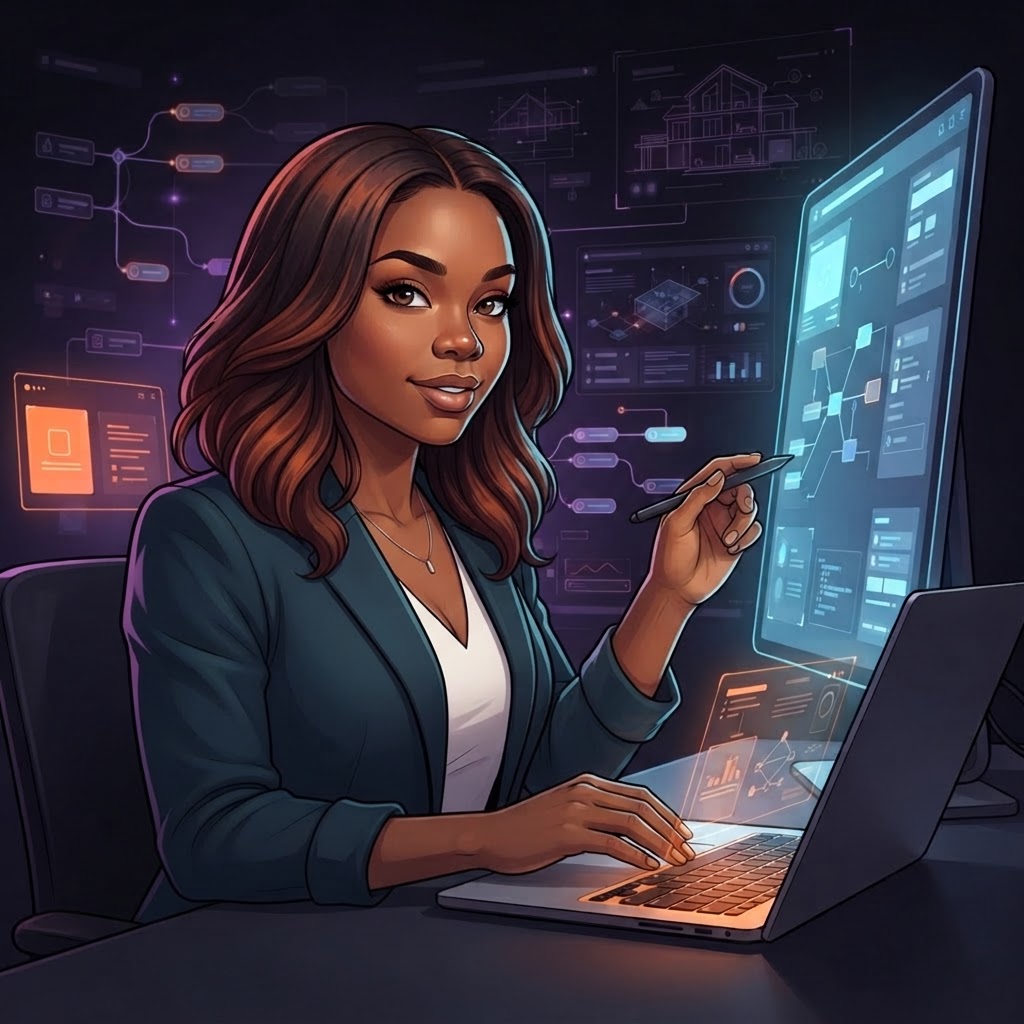 Stylized editorial illustration of Katrina Rogers, Principal Architect, surrounded by system diagrams in a dark neon studio