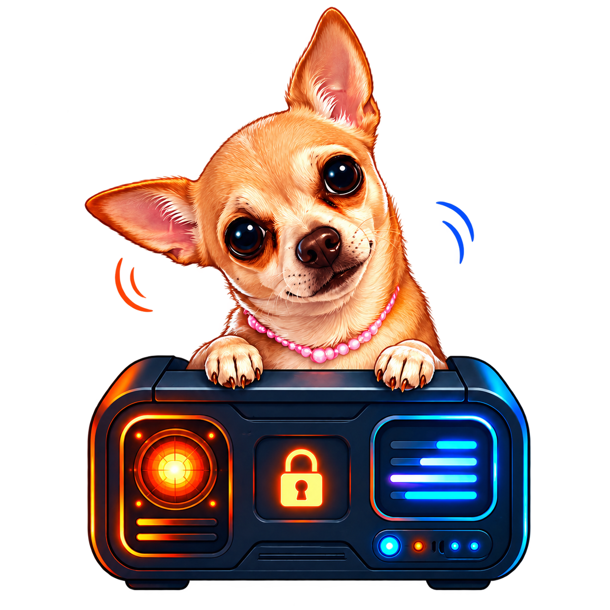 Teddy, Creative Paragon's Chief Security Officer, guarding a neon access console.