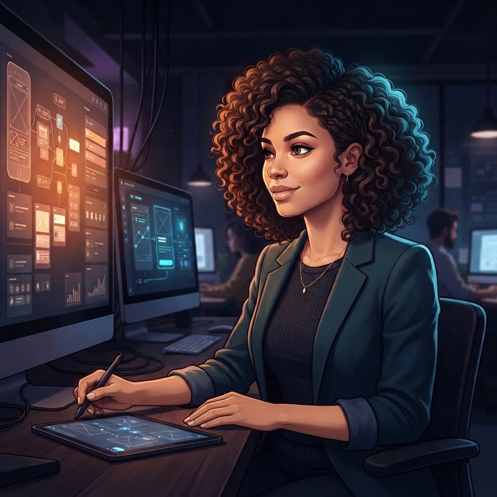 Stylized editorial illustration of Brittany Trugman, Chief Product Officer, reviewing product wireframes in a dark neon studio