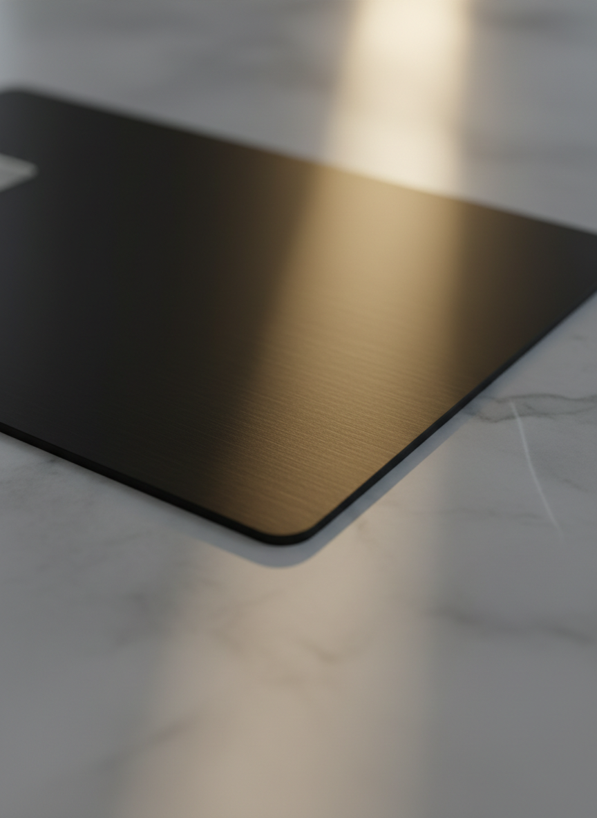 Matte titanium card edge in golden light on marble surface