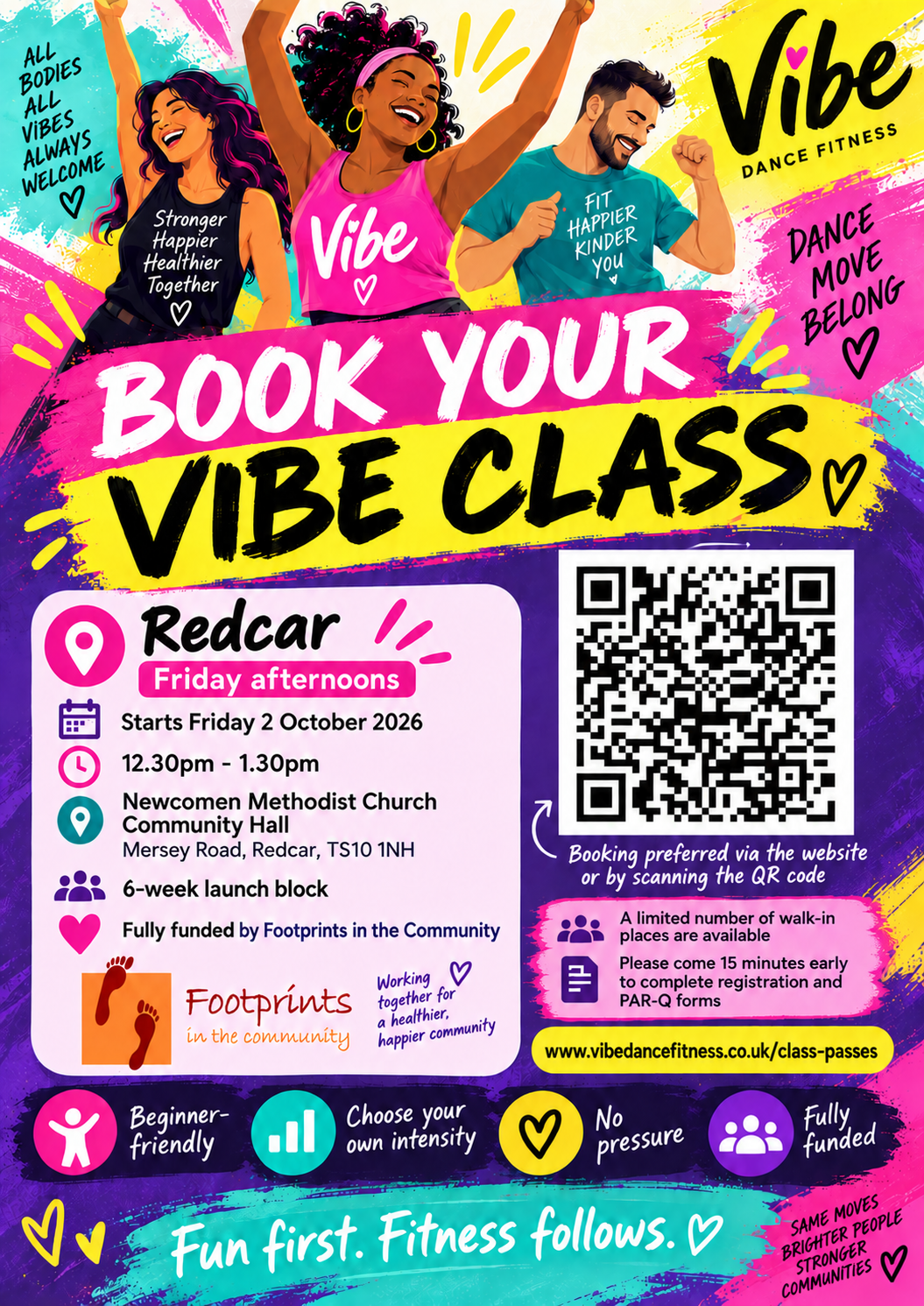 Poster for the free six-week Vibe Dance Fitness programme in Redcar.