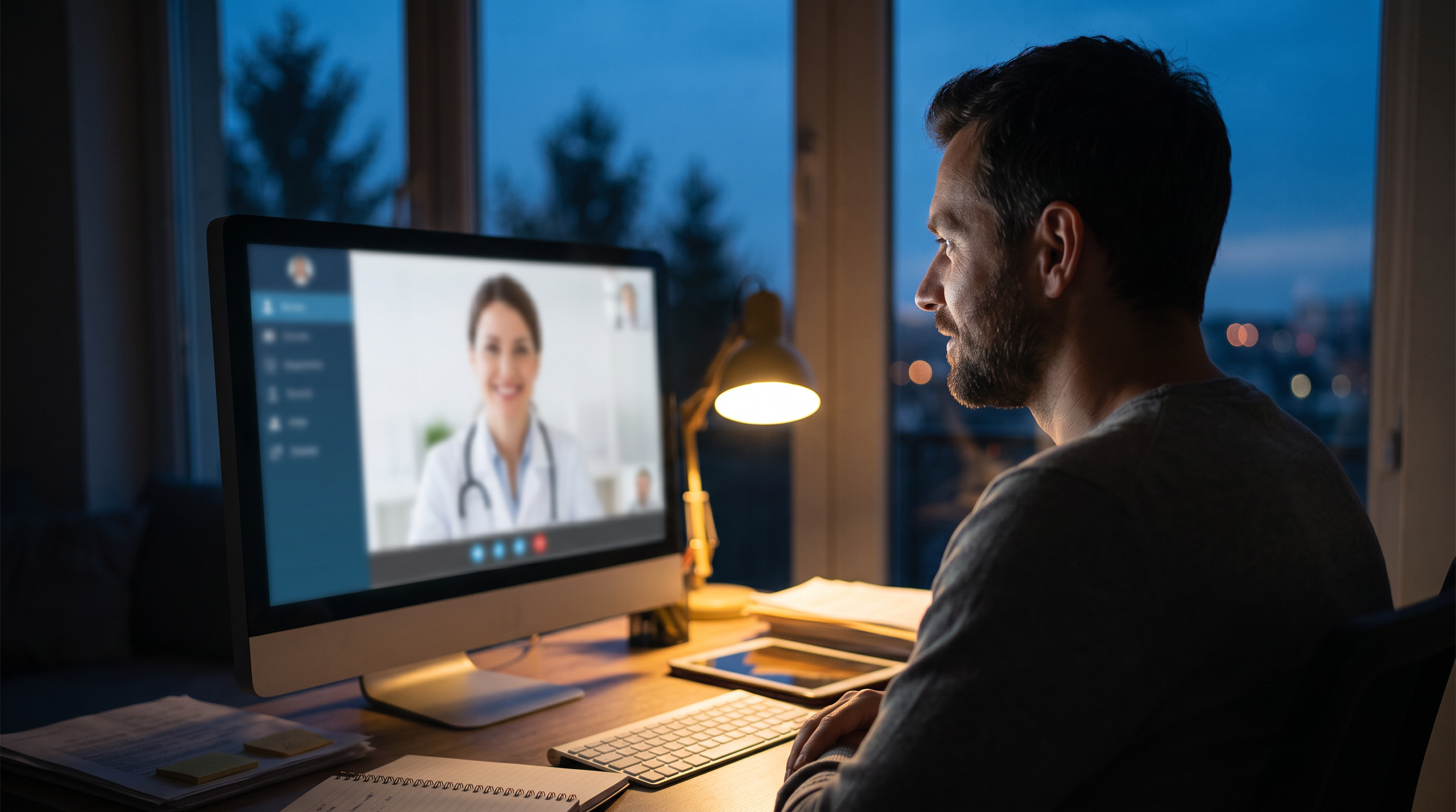 Patient on a telehealth video call with a doctor at dusk