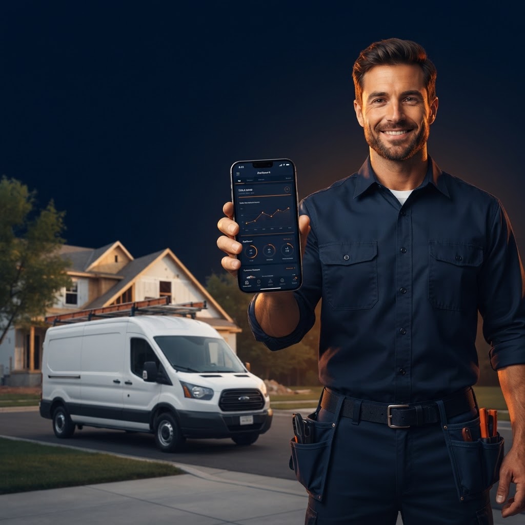 Professional tradesperson using TradesPro beside a work van