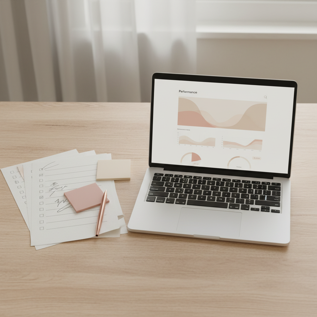 Website audit and rebuild plan with a performance dashboard and checklist notes for a small business