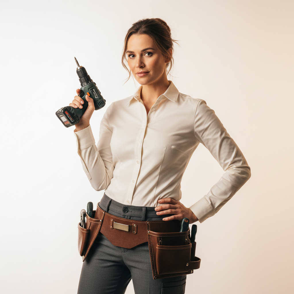 Confident female tradesperson in workwear holding tools — soKate Studio web design for female tradespeople UK