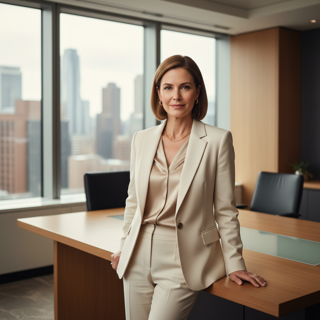 AI-enhanced editorial image of a confident female consultant in a sophisticated modern office — soKate Studio web design for female consultants UK
