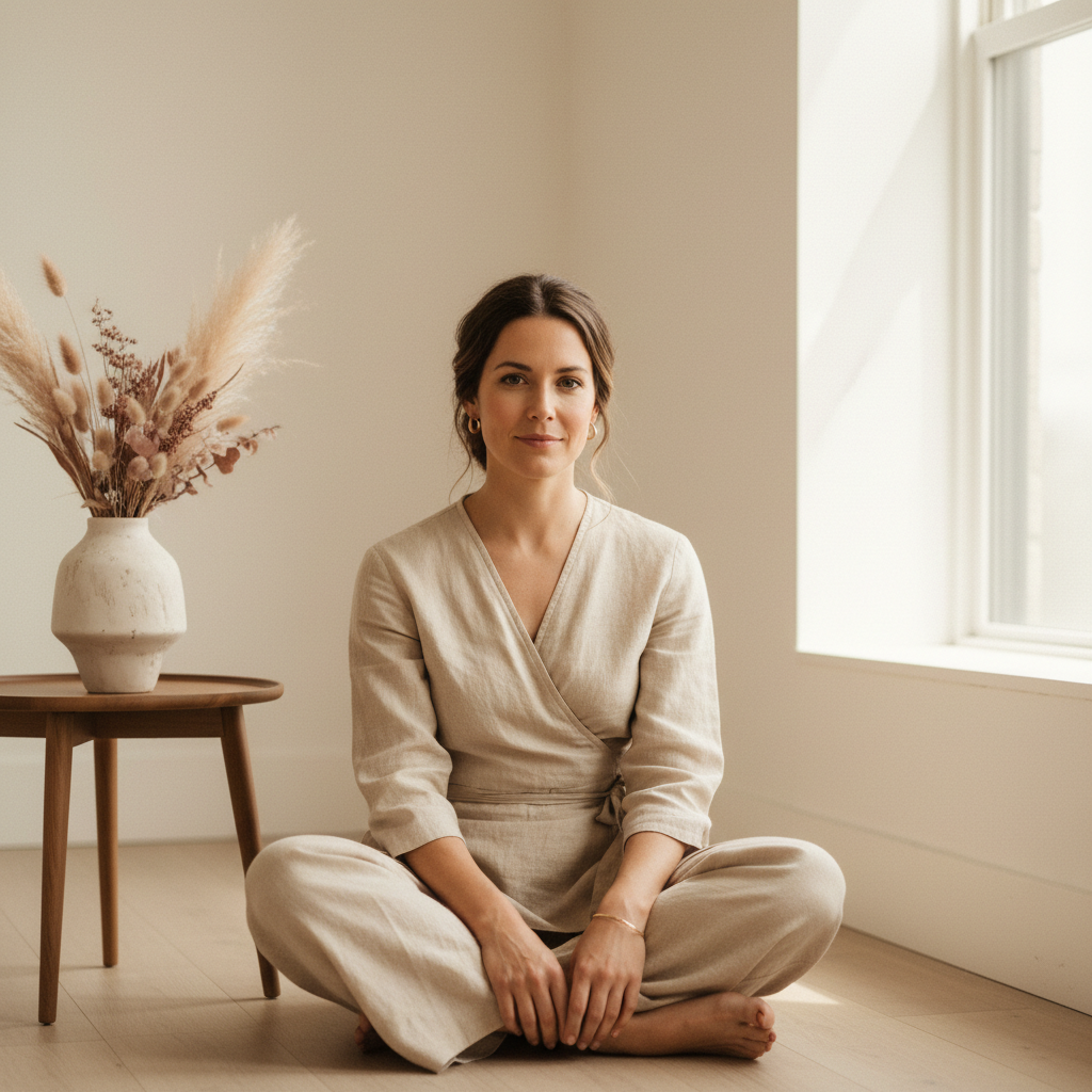 AI-enhanced editorial image of a calm female wellness practitioner — soKate Studio web design for wellness brands UK