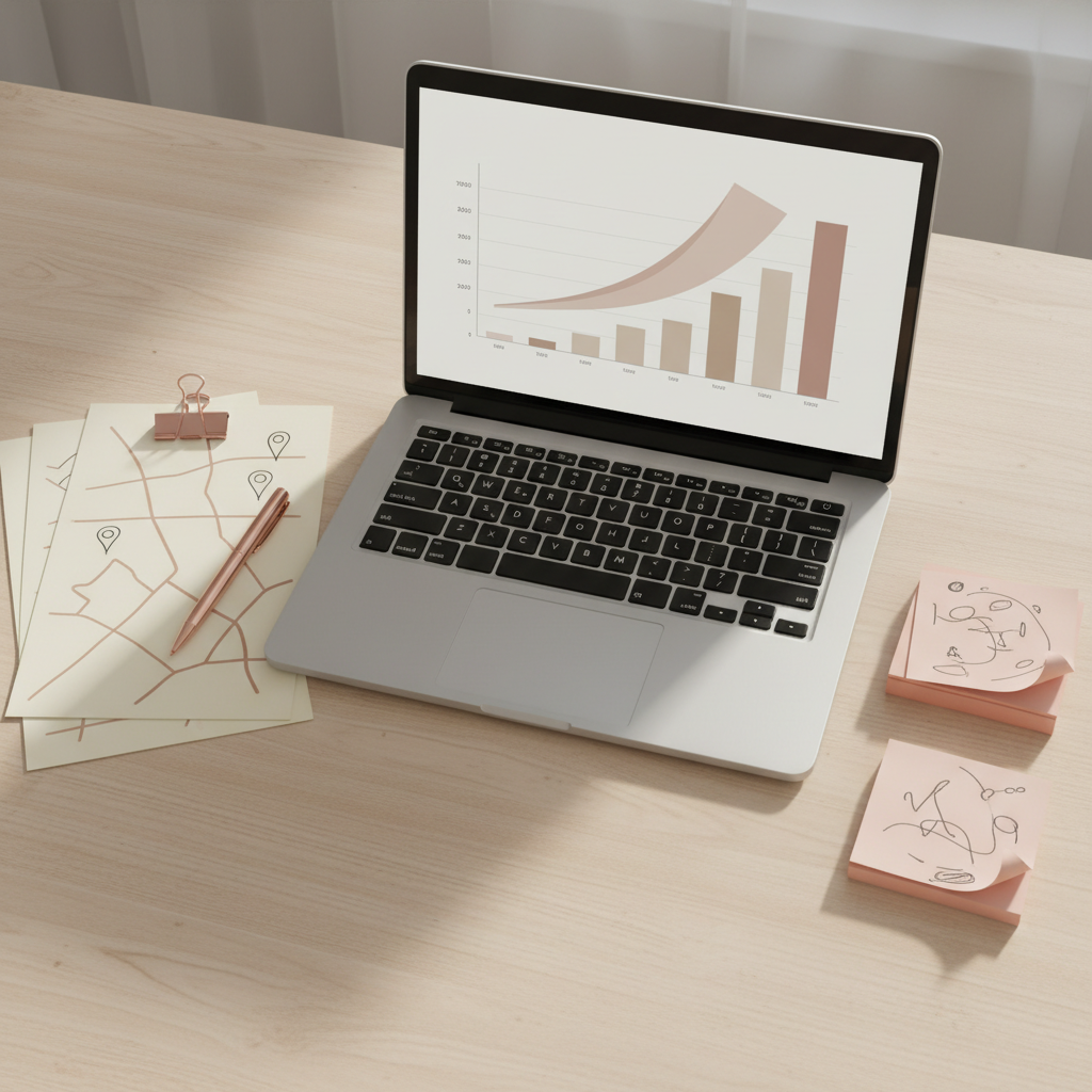 Local SEO strategy planning with a laptop dashboard, location notes and review planning for a service business