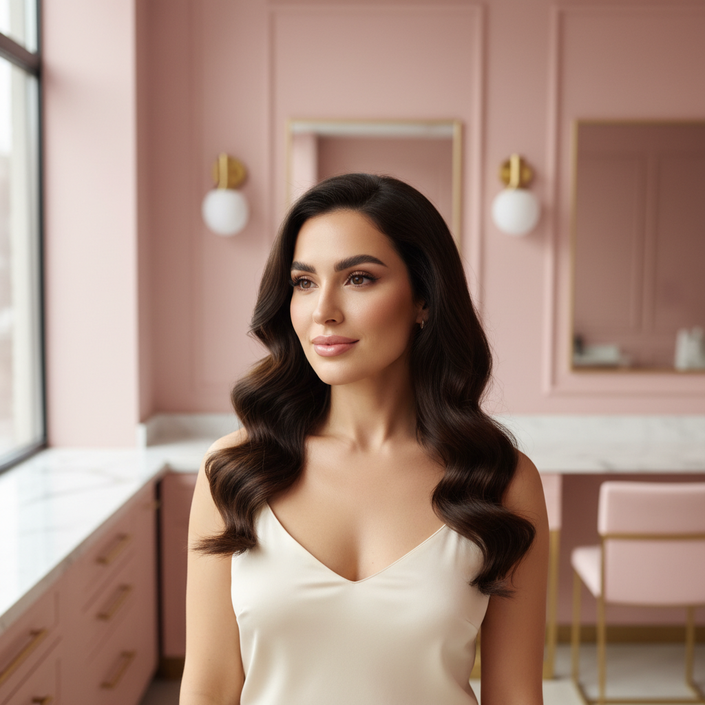 Confident female beauty business owner in a sleek premium studio — soKate Studio web design for beauty brands UK