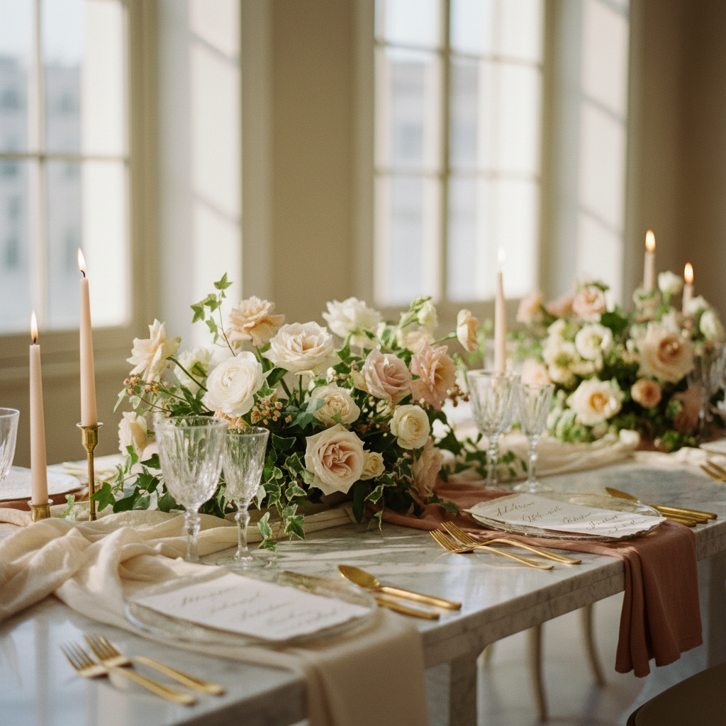 Beautifully styled luxury event table setting with florals and candlelight — soKate Studio web design for female event planners UK