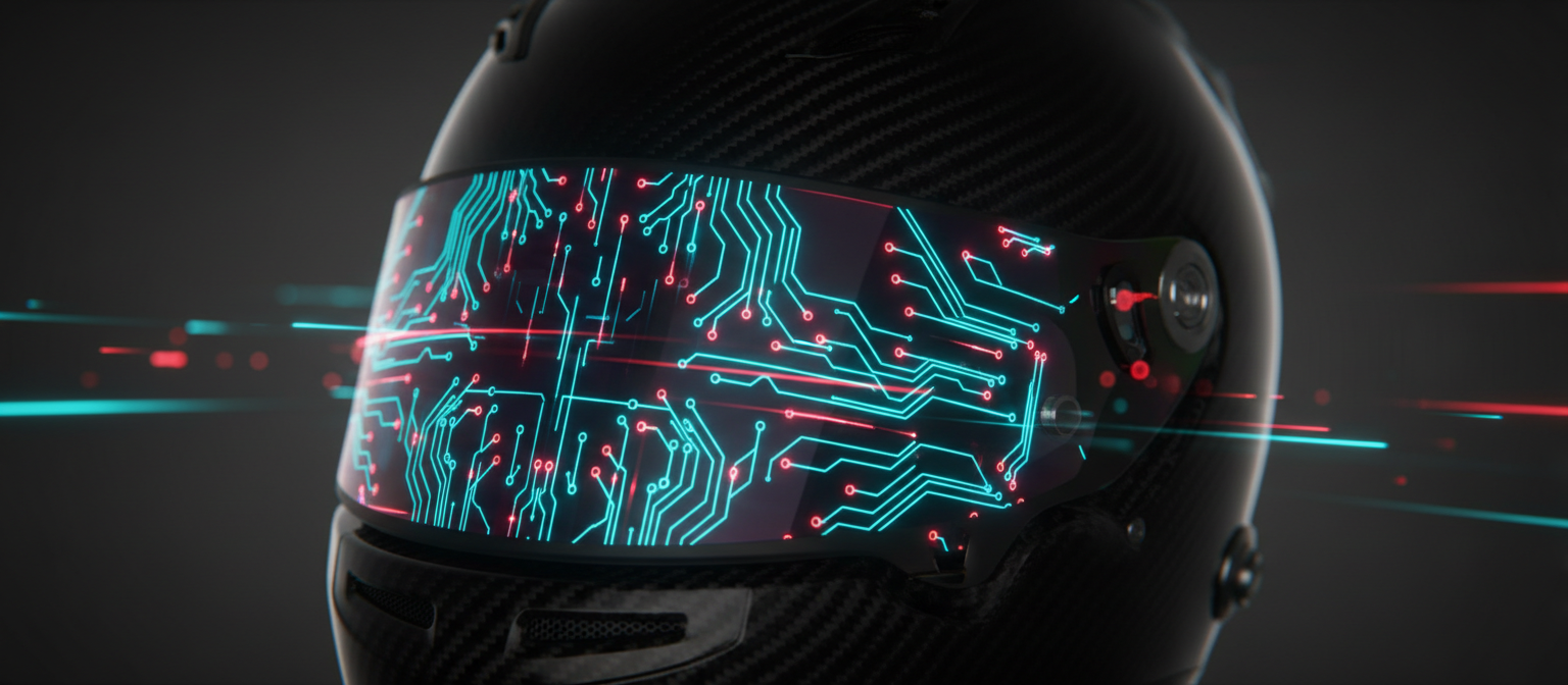 Carbon fiber racing helmet reflecting digital circuits