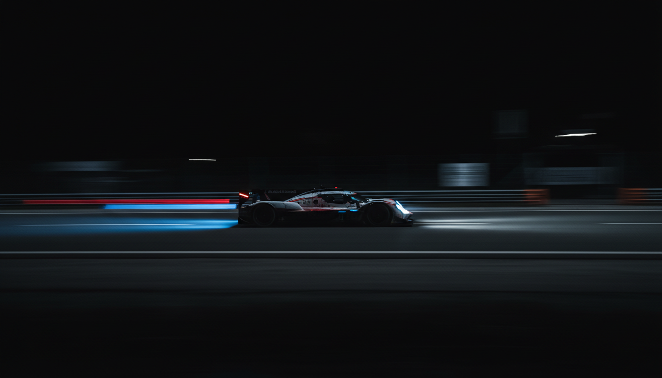 Le Mans race car at night with motion blur light trails