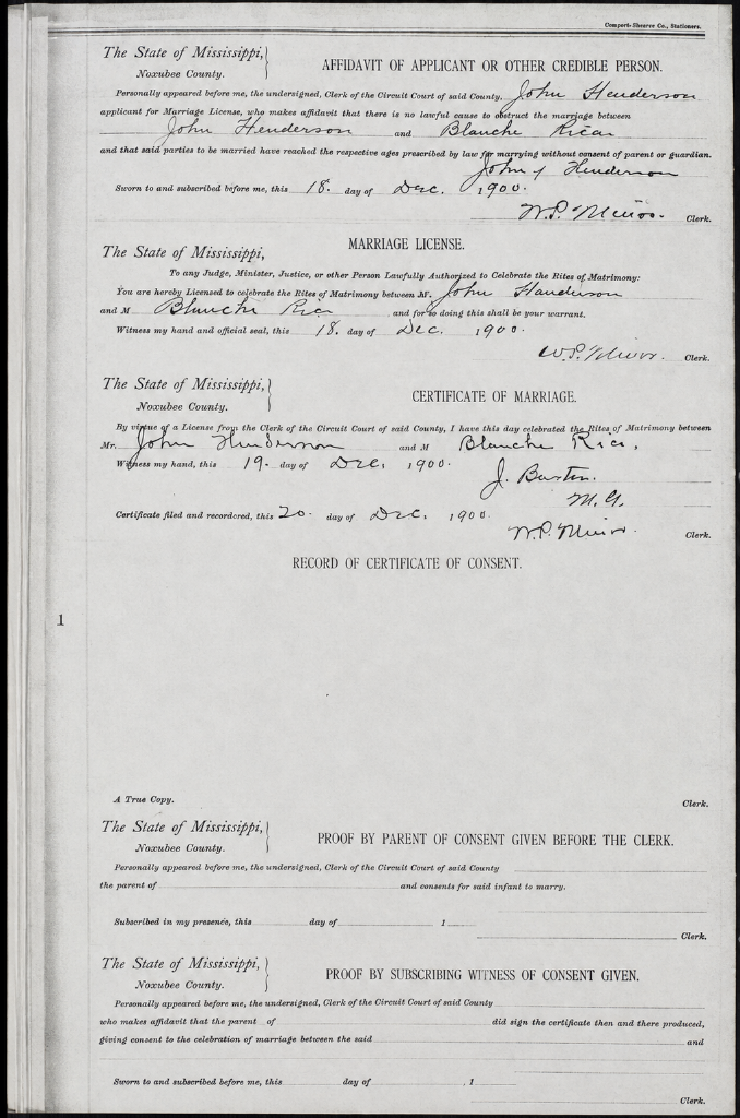 1900 Marriage Certificate of John Henderson and Blanche Rice, Noxubee County, Mississippi