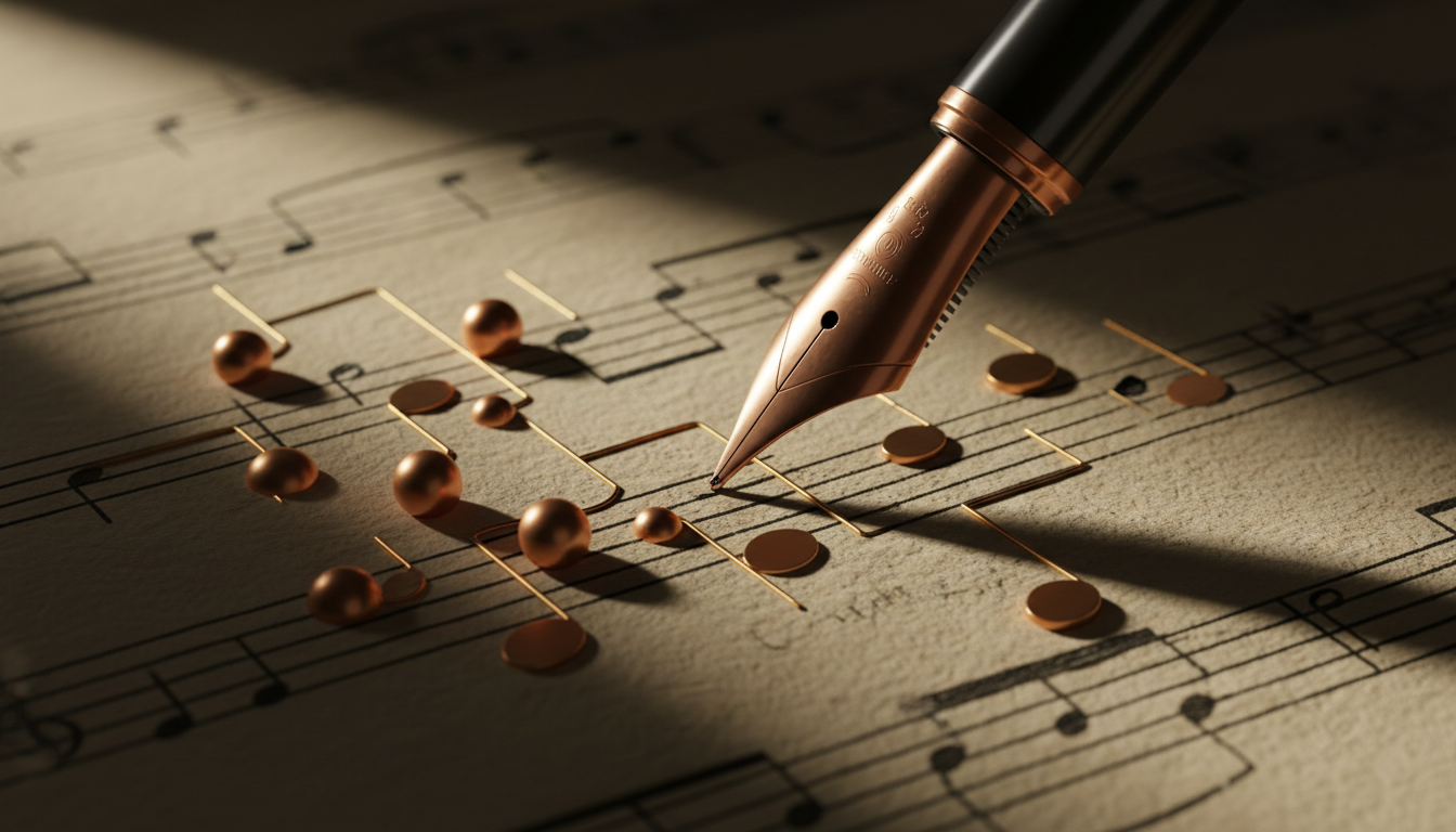 Fountain pen on musical score with geometric shapes