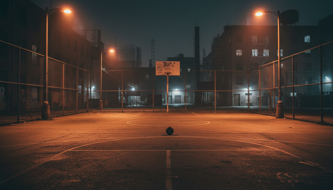 Urban basketball court at night streetwear culture