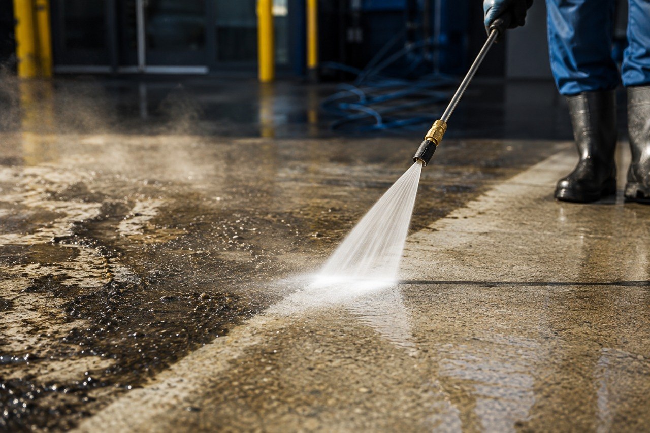 Hot water commercial pressure washing showing a visible before and after cleaning contrast on concrete