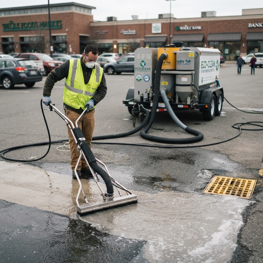 EPA-compliant water reclamation vacuum system capturing wash water runoff