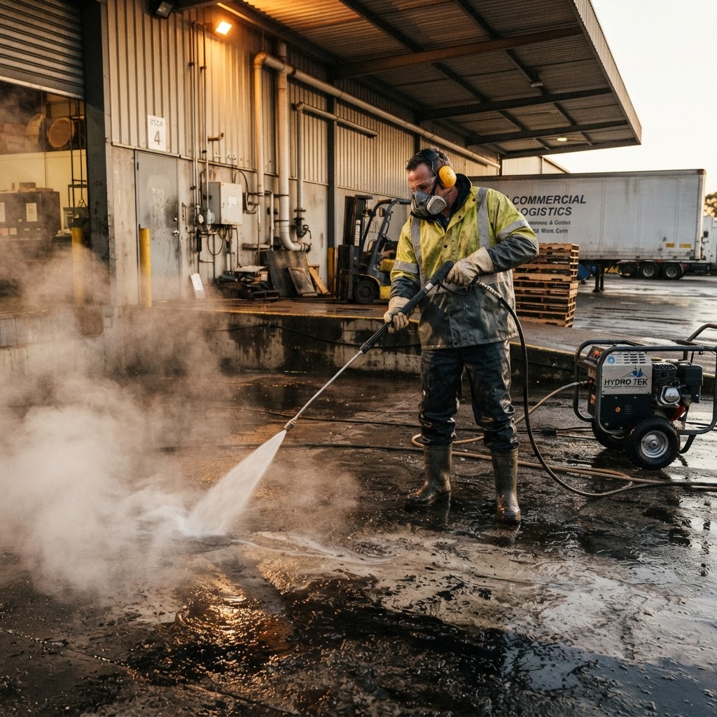 Hot water commercial pressure washing removing grease from a loading dock