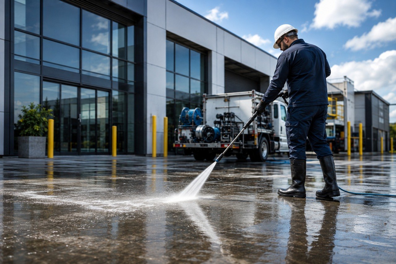 Einstein Surface technician performing commercial pressure washing on a commercial property