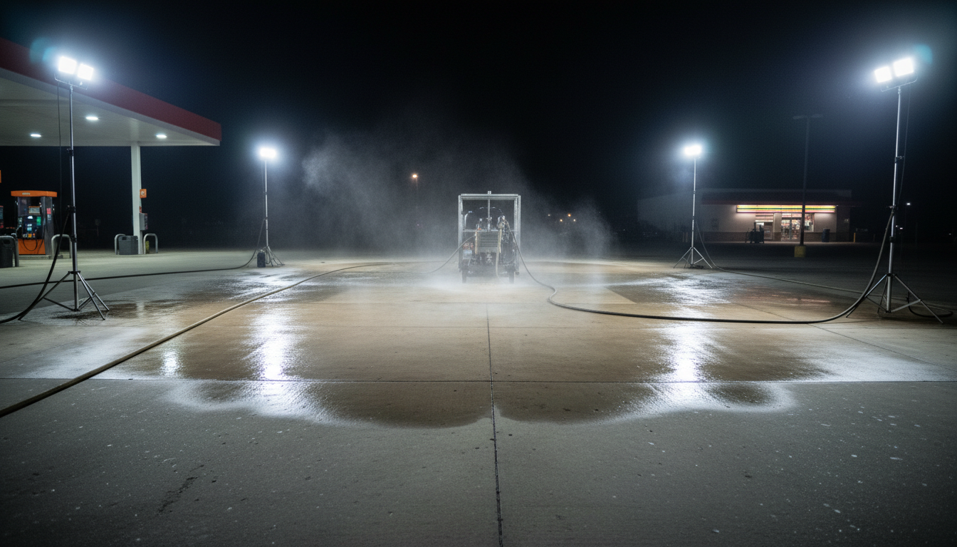 Commercial pressure washing at night