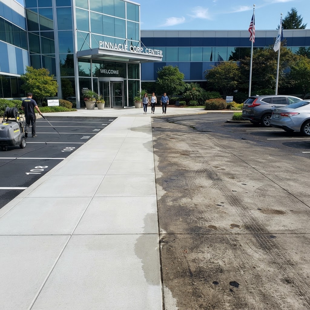 Clean commercial building exterior and walkway after pressure washing