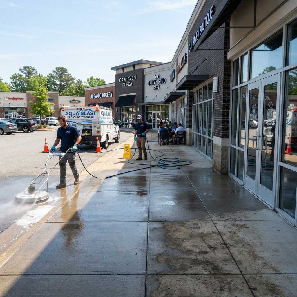 Exterior cleaning of a managed commercial property's walkways and common area