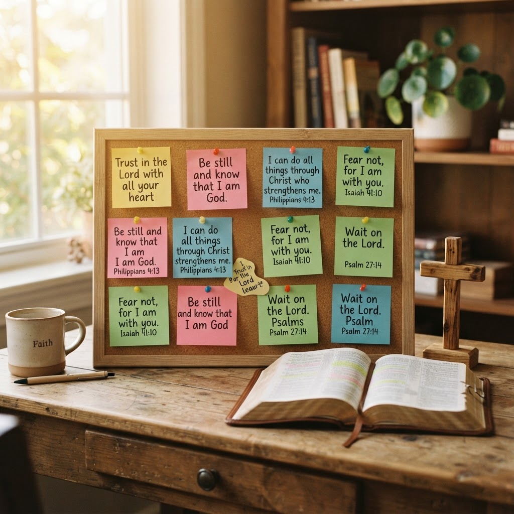 Sticky notes, open Bible and cross in a bright study room — Notes