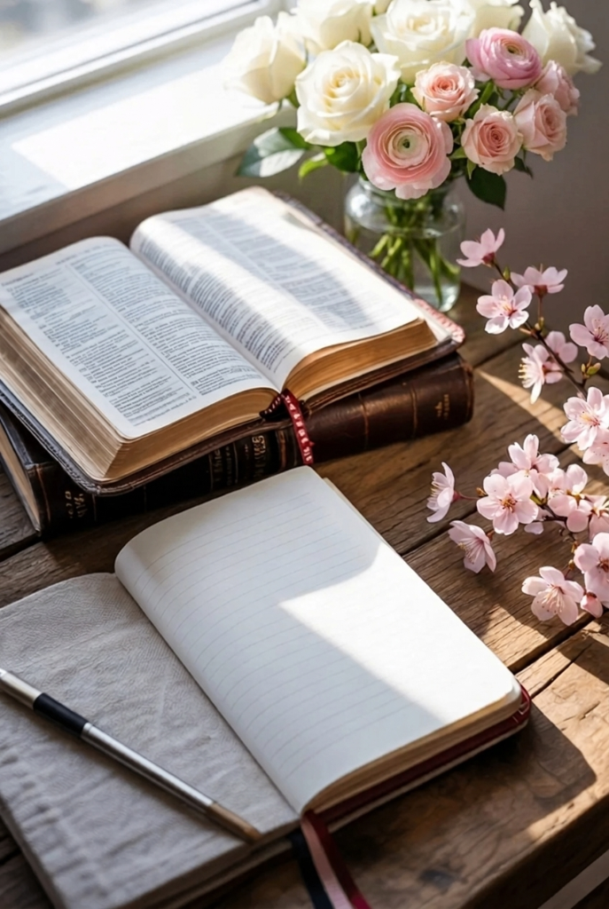 Open book with notebook and pen — Journal