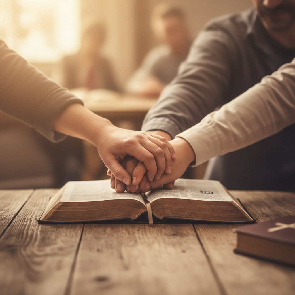 People praying together over a Bible