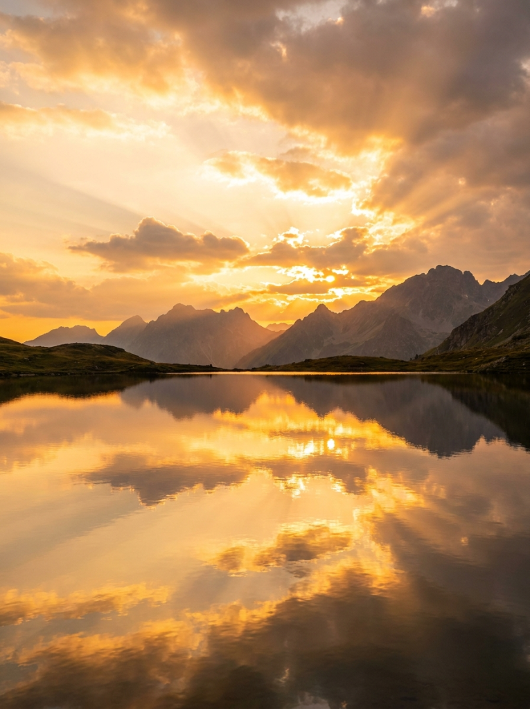 Sunset over mountains and alpine lake — Goals