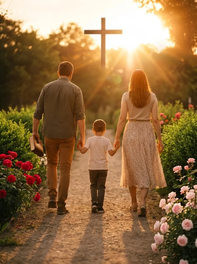 A family walking together toward a cross with roses along the path at golden hour