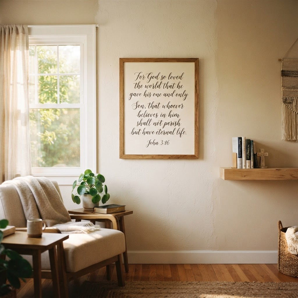 Framed John 3:16 verse in a cozy bright room — Reminders