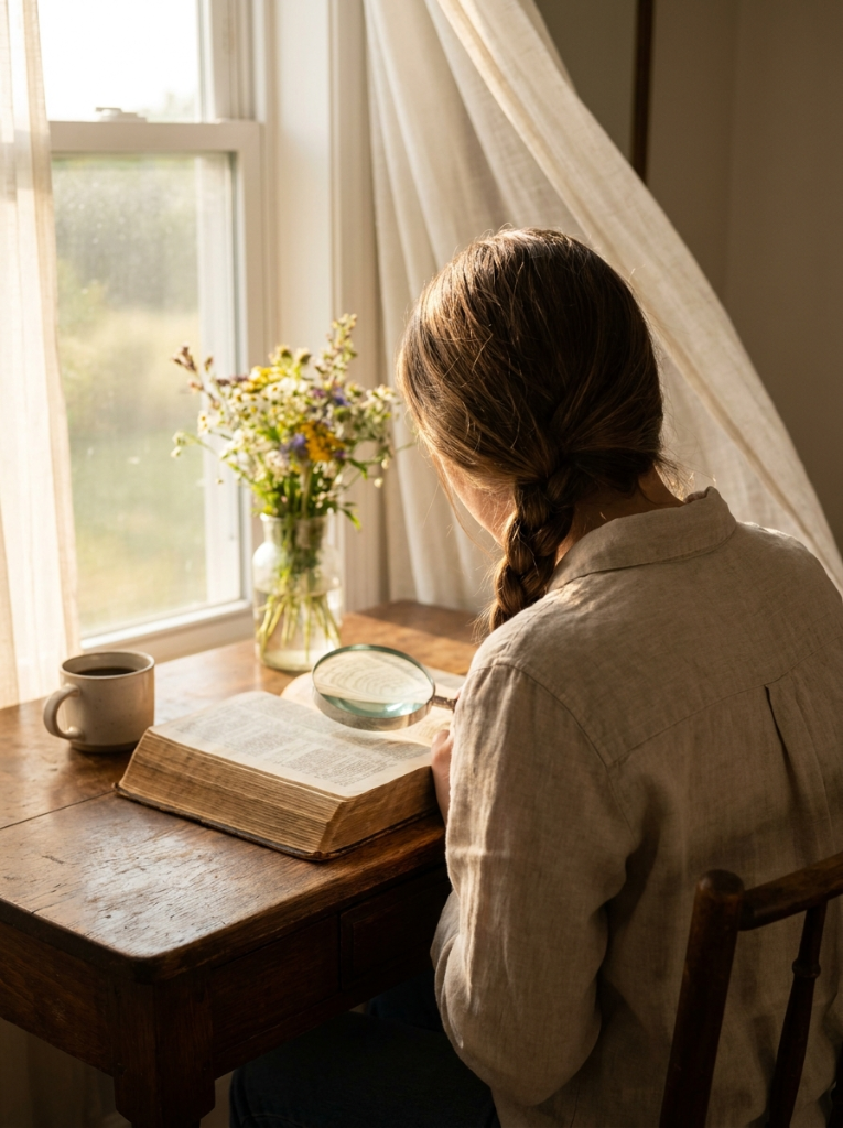 Open Bible with magnifying glass — Scripture search