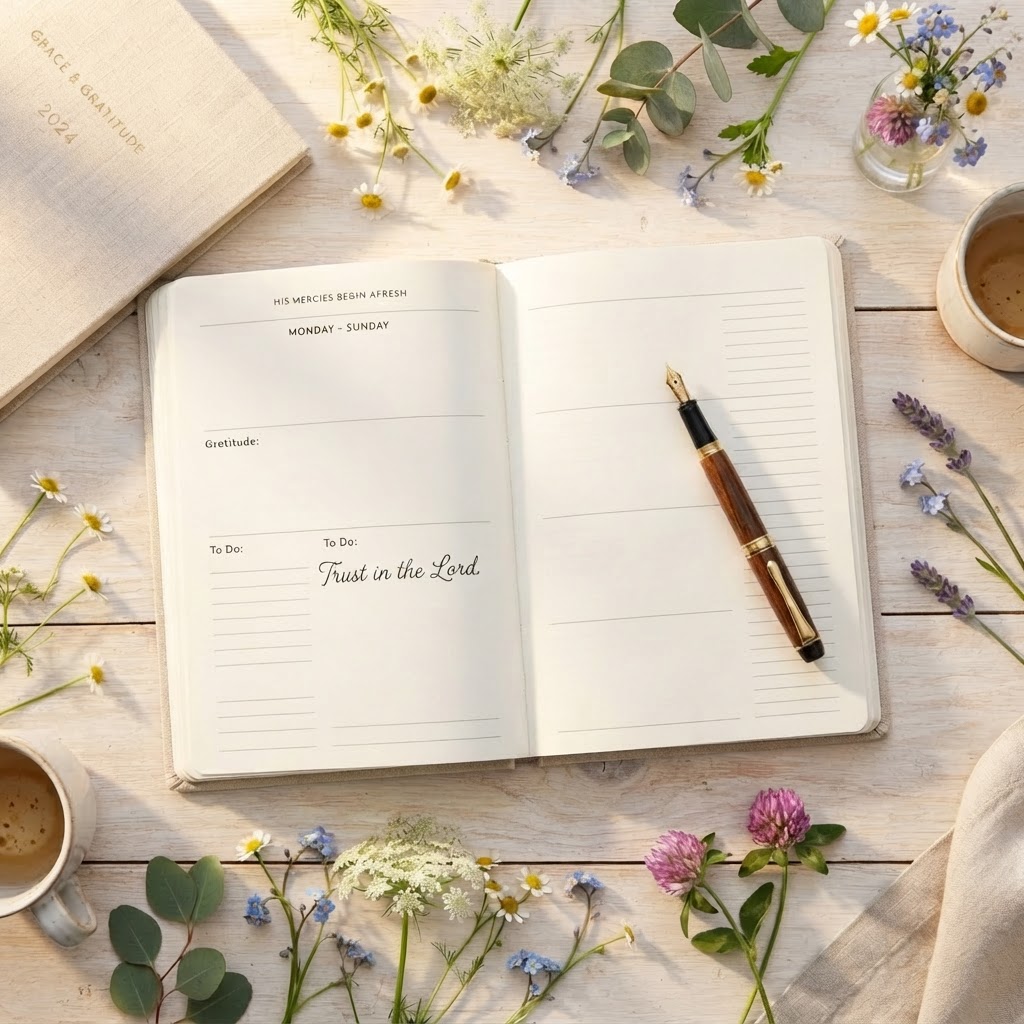 Open planner with pen, coffee and wildflowers — Planner