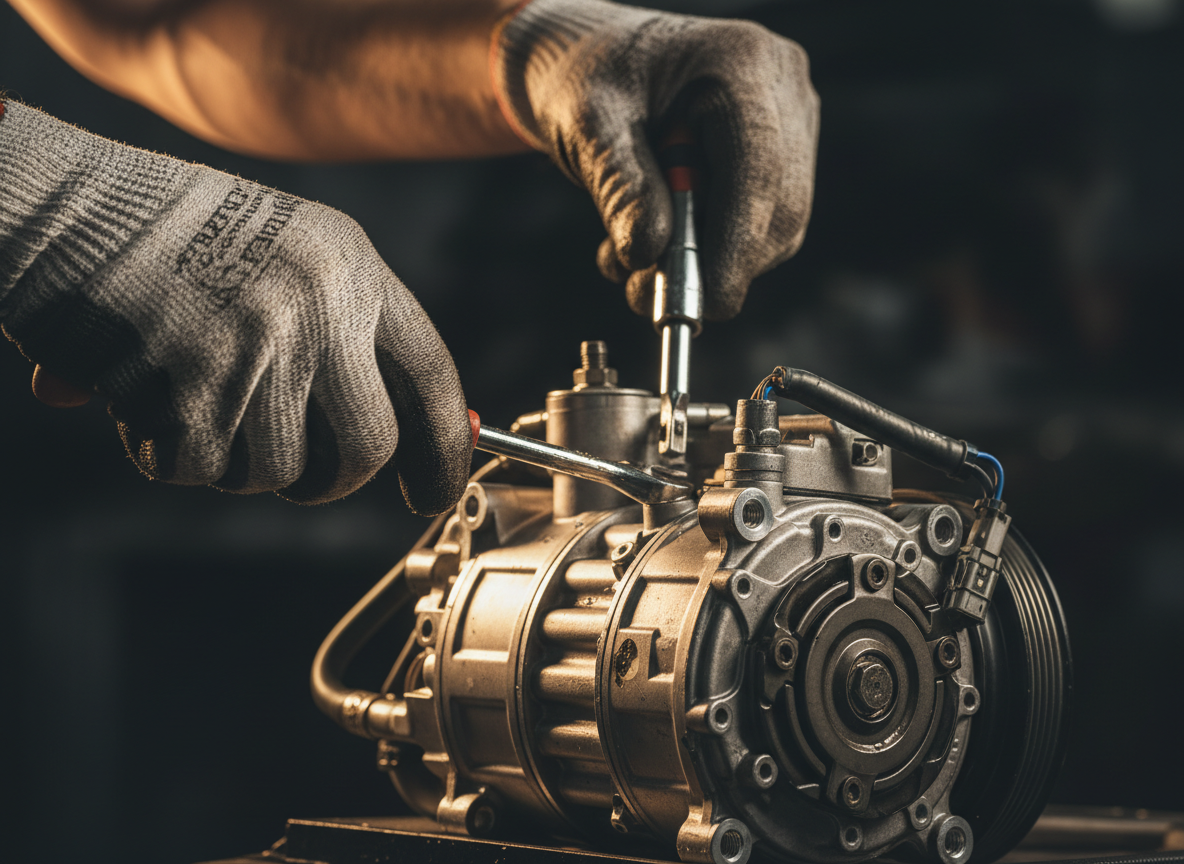 Mechanic working on car AC