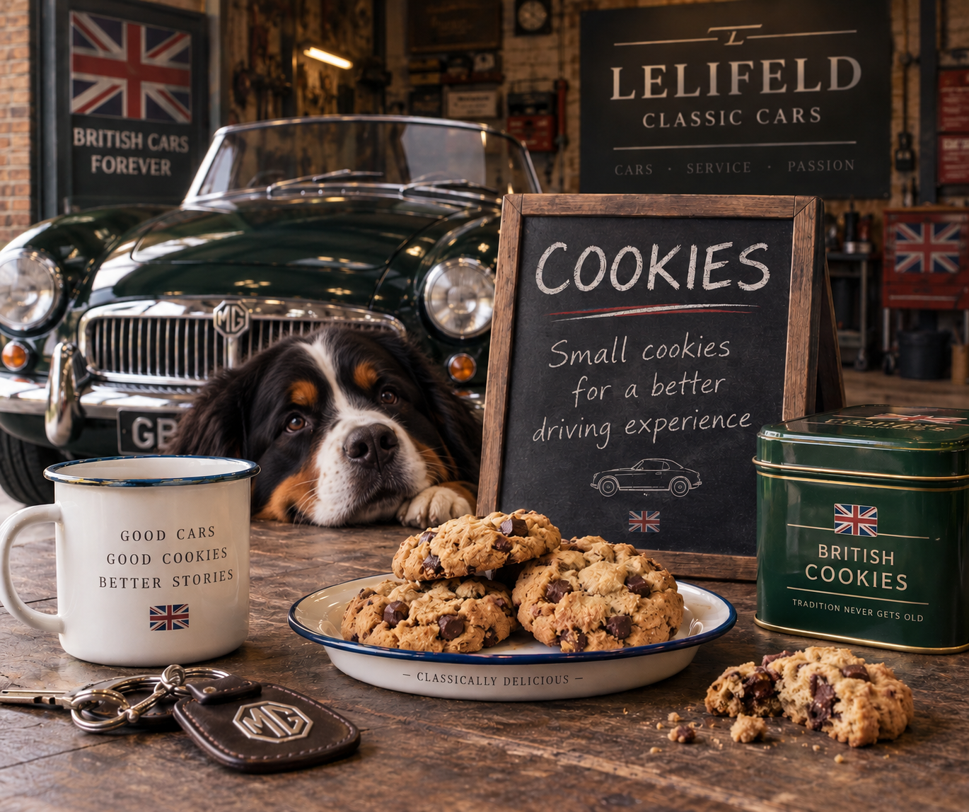 Good cars, good cookies — koekjes en een klassieke Britse auto in de werkplaats