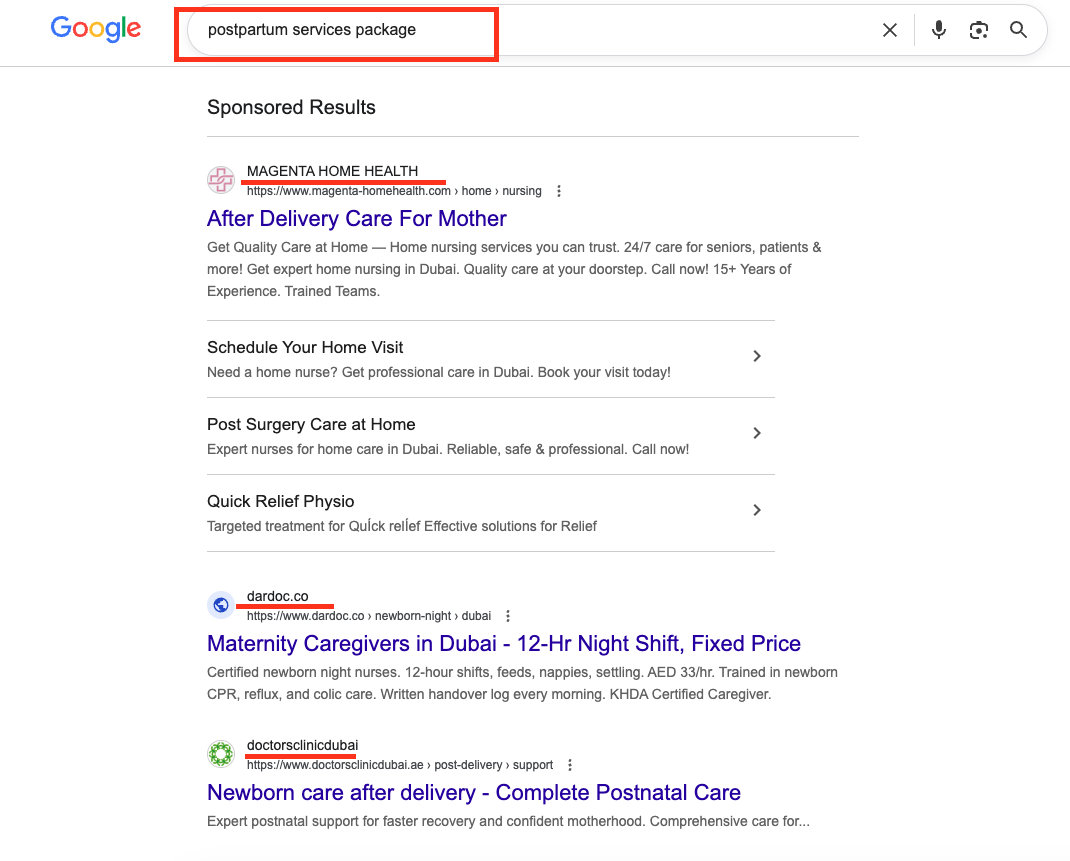 Google Ads example for postpartum services package