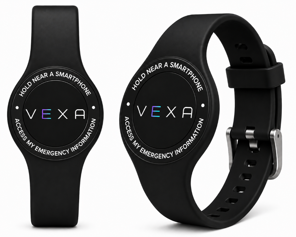 VEXA FLARE waterproof NFC emergency information wristband