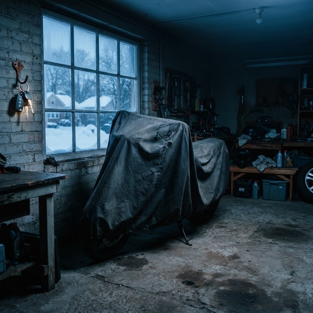 Motorcycle stored for winter beside car keys