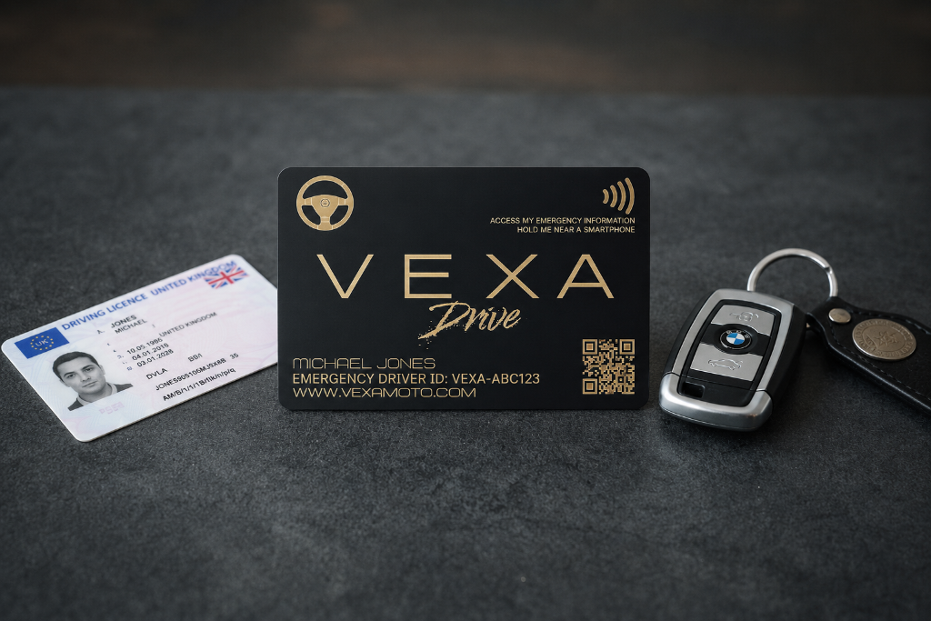 VEXA Drive black NFC smart card with gold detailing, beside a UK driving licence and a car key fob
