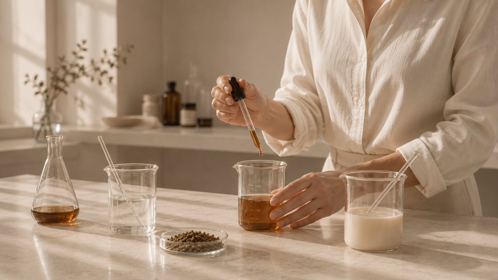 A founder's hands preparing formulation in the studio