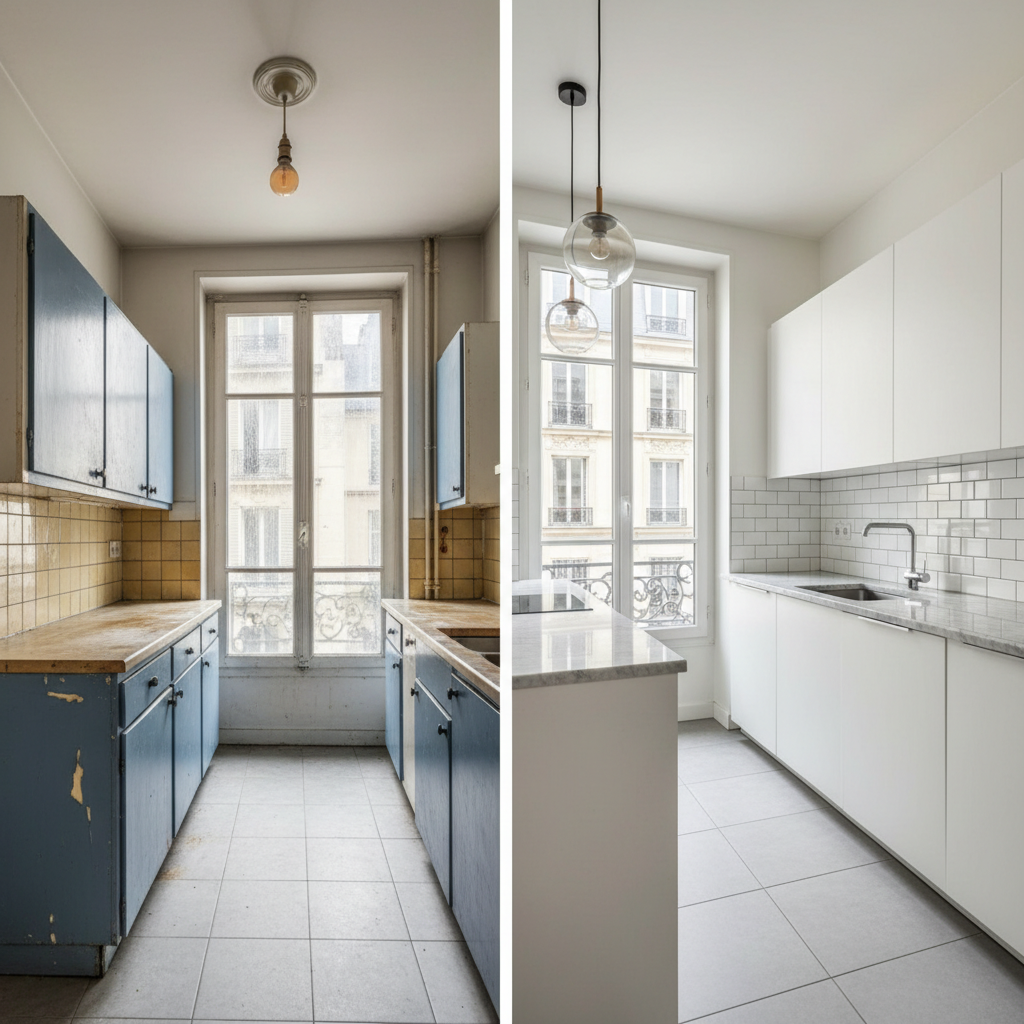 Après rénovation — Cuisine avec îlot — Boulogne