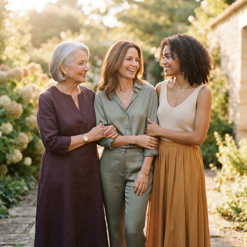 Three generations of women standing together in warm light