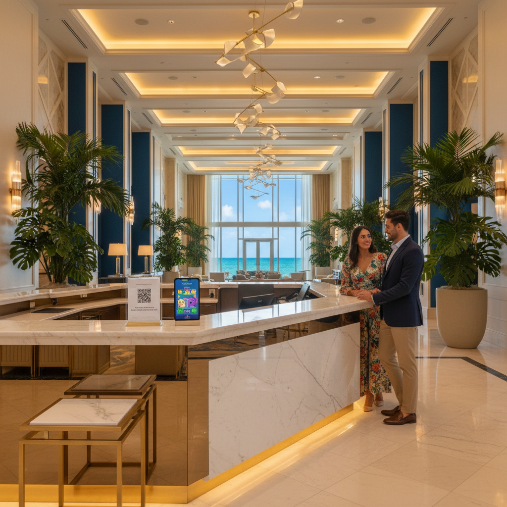 Fontainebleau check-in desk with QR code game activation