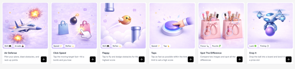 Row 5: Soccer 3D, Slingshot, Starblaster, Product Finder, Quiz, Time Puzzle