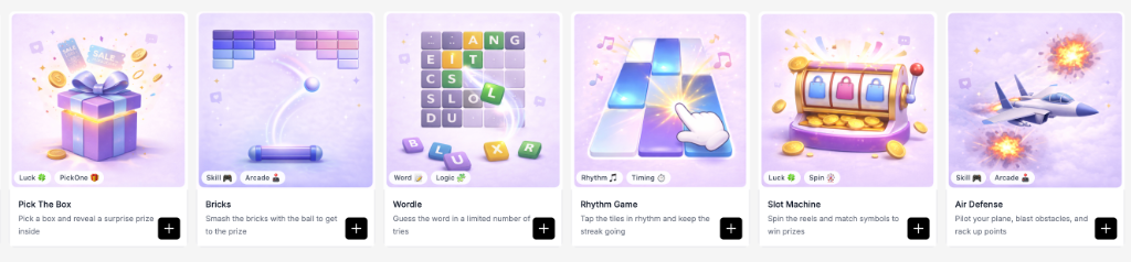 Row 4: Memory Game, Tower, Basketball, Cups, Gems, Match in a Row